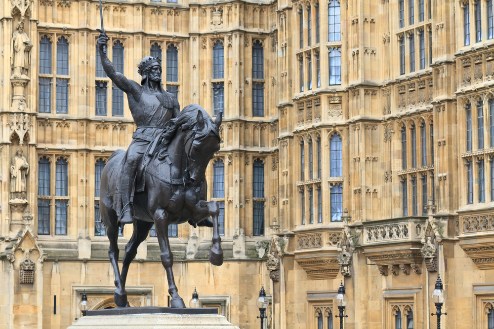 The statue of King Richard I - the Lionheart - stands outside the Houses of Parliament.